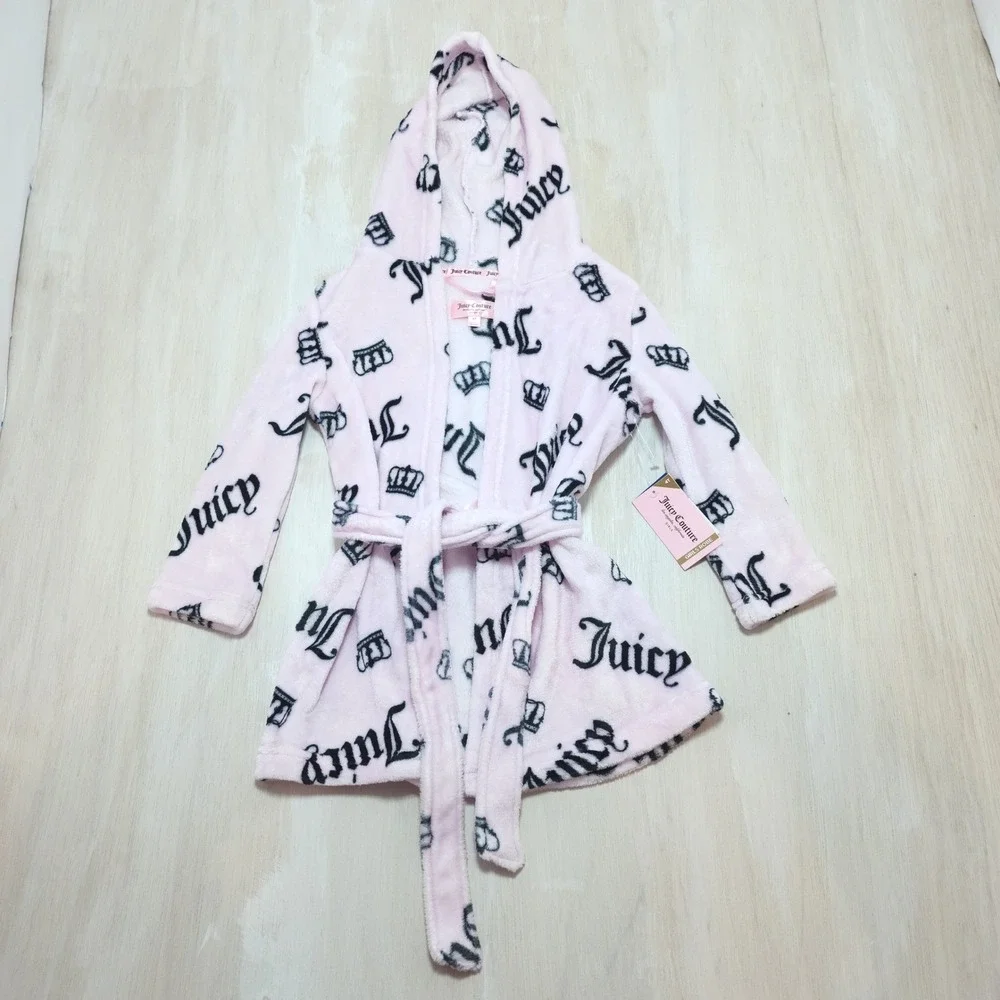 Juicy Couture Girls Pink Black Logo Crown Plush Hooded Robe 4T NWT